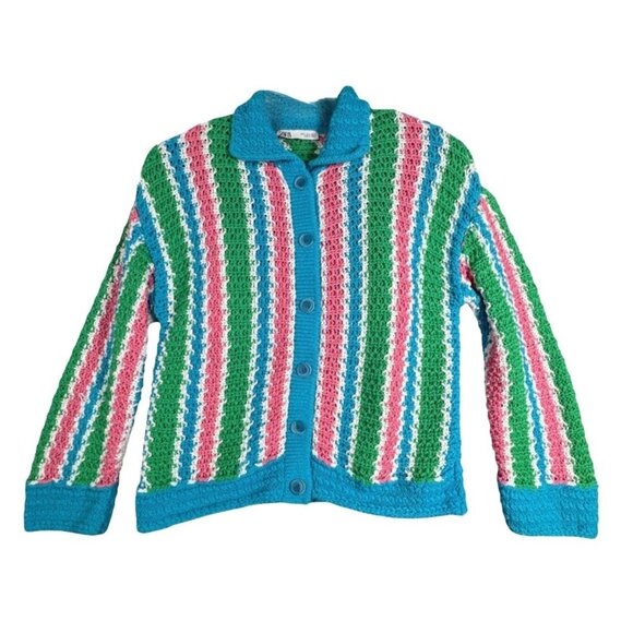 Zara Cardigan Sweater Crochet Knit Blue Pink Striped Casual Colorful, Size M - Picture 1 of 5